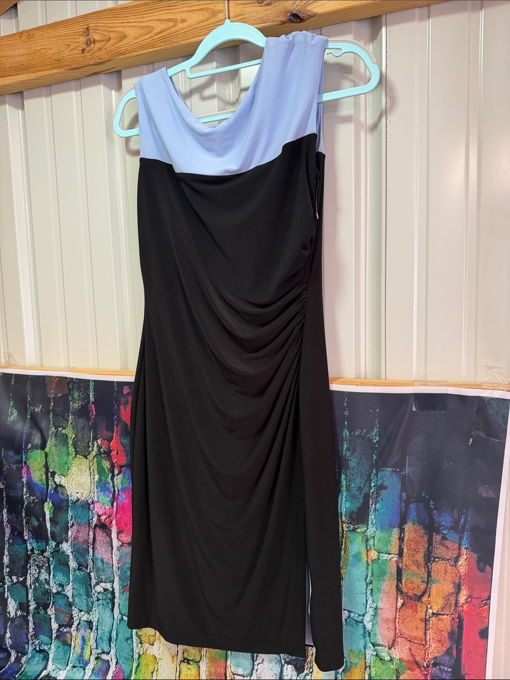 Chaps Black and Light Blue Draped Midi Sheath Dress size medium